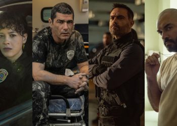 DNA DO CRIME 2. (L to R) Maeve Jinkings as Suellen, Rômulo Braga as Benício, Alex Nader as Isaac, Thomas Aquino as Sem Alma in DNA do Crime 2. Cr. Courtesy of Netflix © 2025