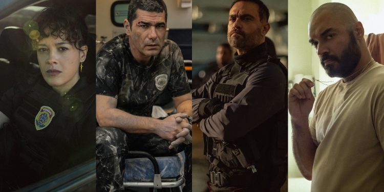 DNA DO CRIME 2. (L to R) Maeve Jinkings as Suellen, Rômulo Braga as Benício, Alex Nader as Isaac, Thomas Aquino as Sem Alma in DNA do Crime 2. Cr. Courtesy of Netflix © 2025